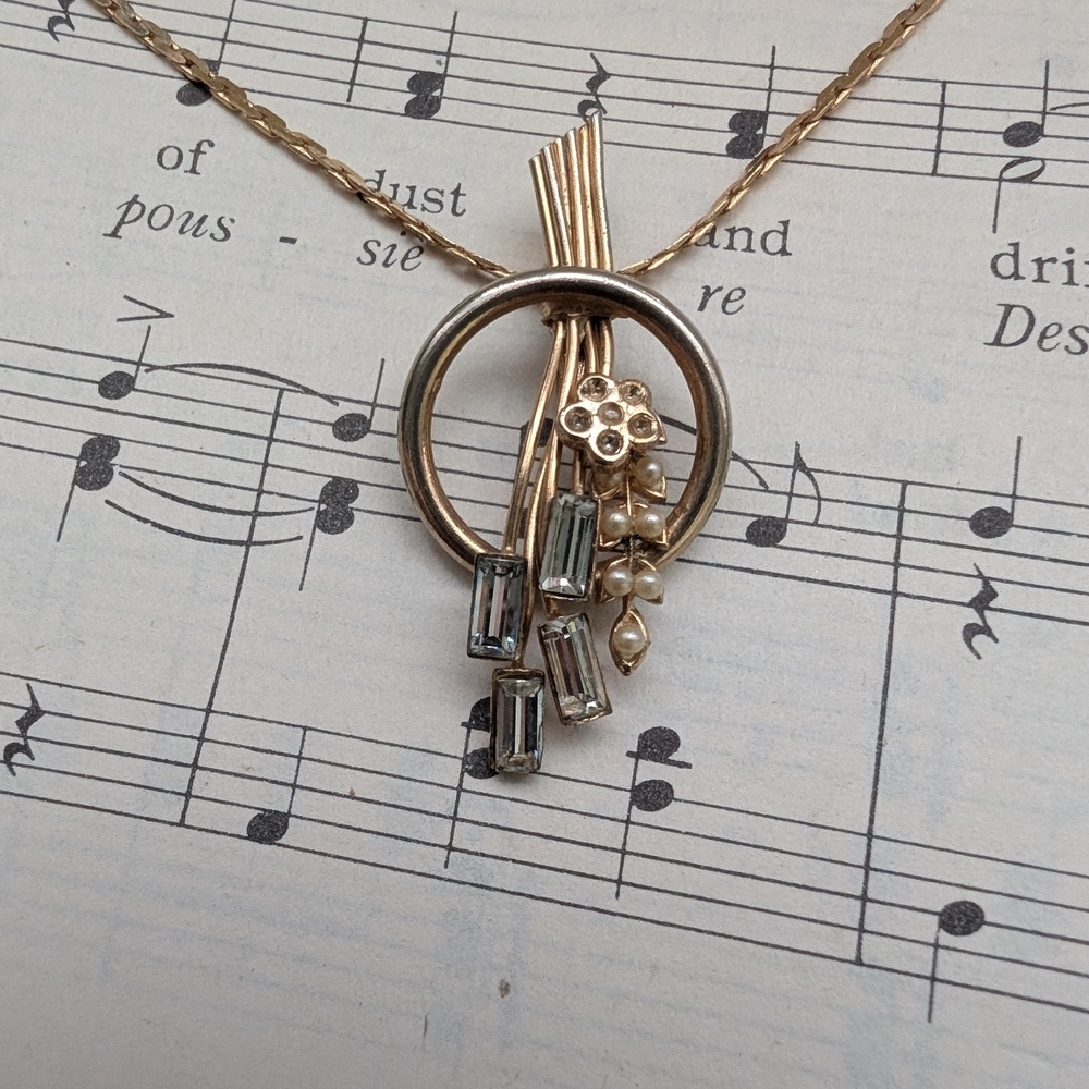 Vintage Goldtone Pendant Necklace With Baguette Stones And Seed Pearls